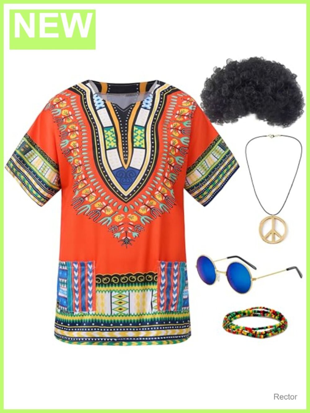 Hippie Costume Set - 5 Pcs T-Shirt Necklace Wig Beads Sunglasses 60s 70s